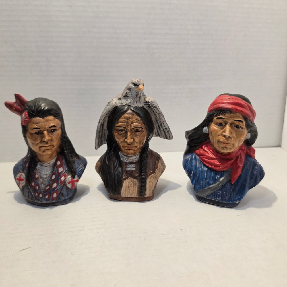 Vintage Cloud Mold 84 Ceramic Native American Bust Set of 3 Hand Painted 1984